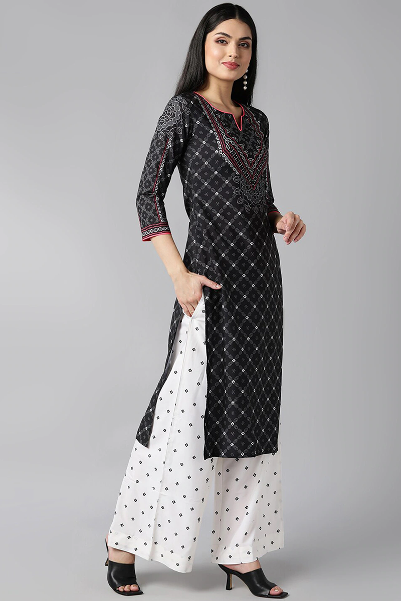 Black Polyester Straight Kurta Palazzo With Dupatta PKSKD1068