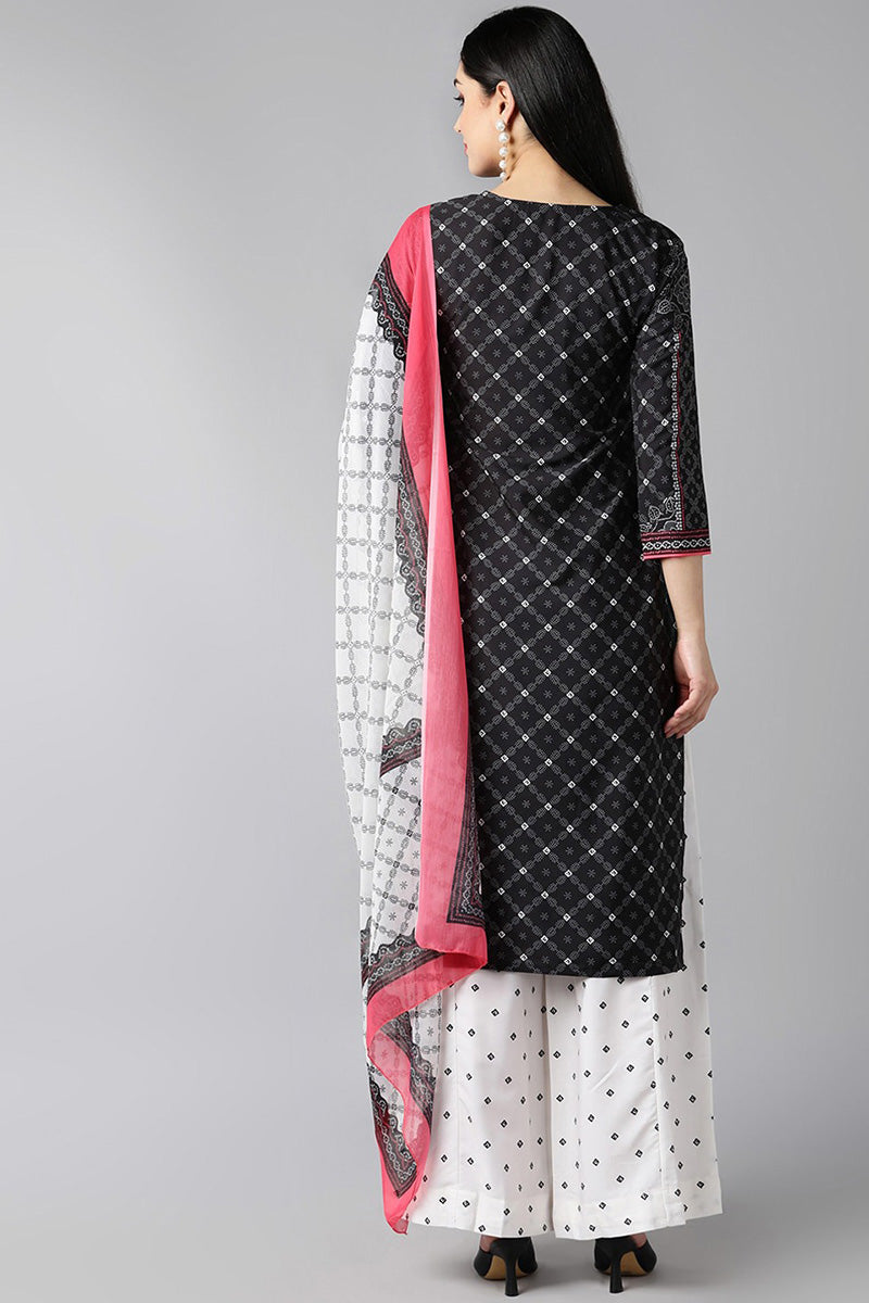 Black Polyester Straight Kurta Palazzo With Dupatta PKSKD1068