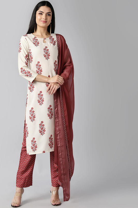 Off White Polyester Straight Kurta Pant With Dupatta PKSKD1082