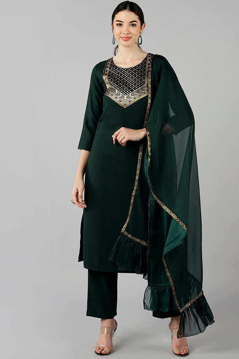 Green Cotton Blend Flared Kurta Pant With Dupatta PKSKD1181