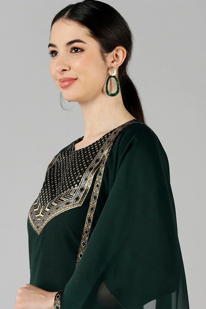 Green Cotton Blend Flared Kurta Pant With Dupatta PKSKD1181