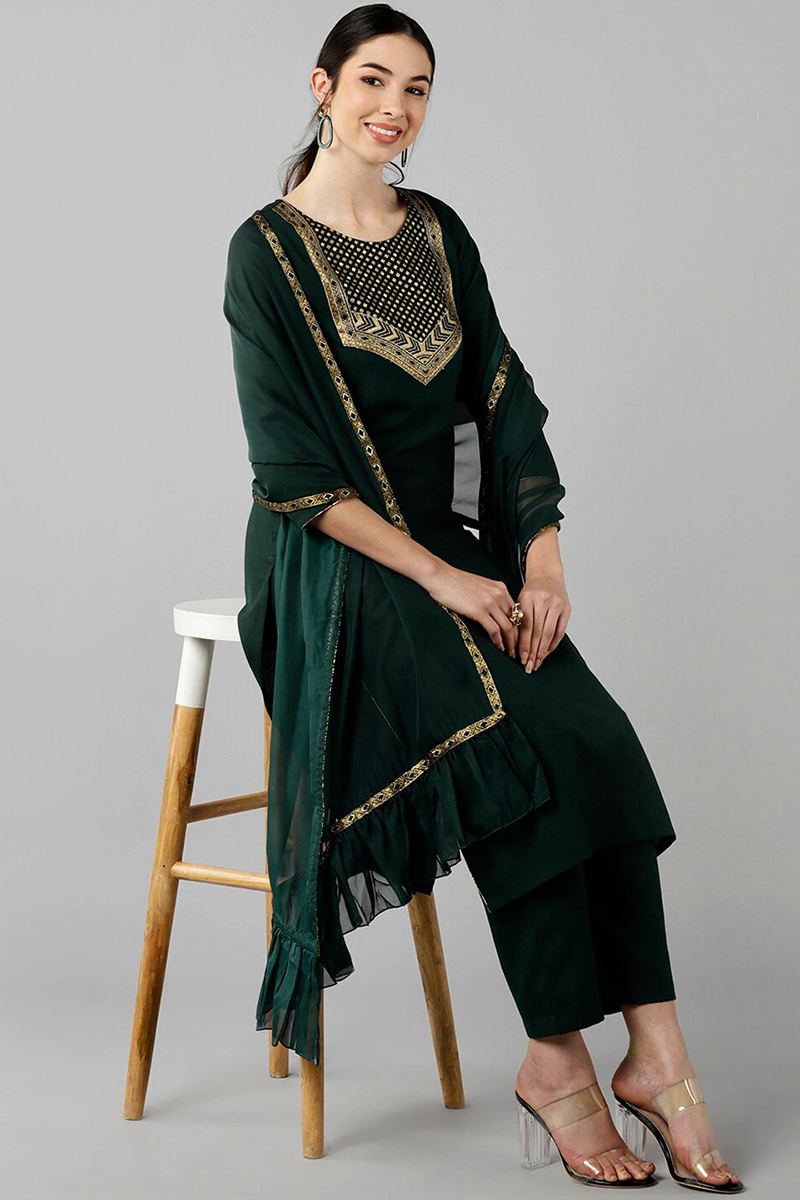 Green Cotton Blend Flared Kurta Pant With Dupatta PKSKD1181