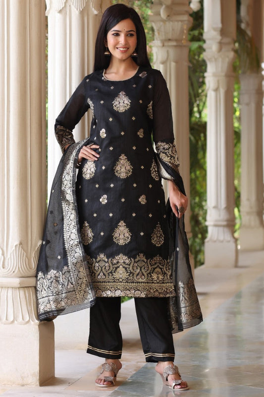 Black Poly Chanderi Ethnic Motifs Straight Suit Set PKSKD1224