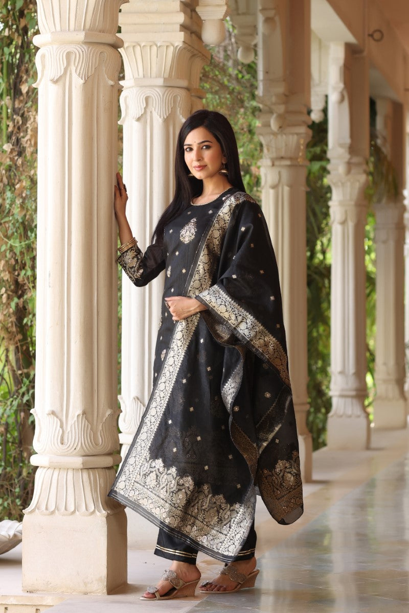 Black Poly Chanderi Ethnic Motifs Straight Suit Set PKSKD1224