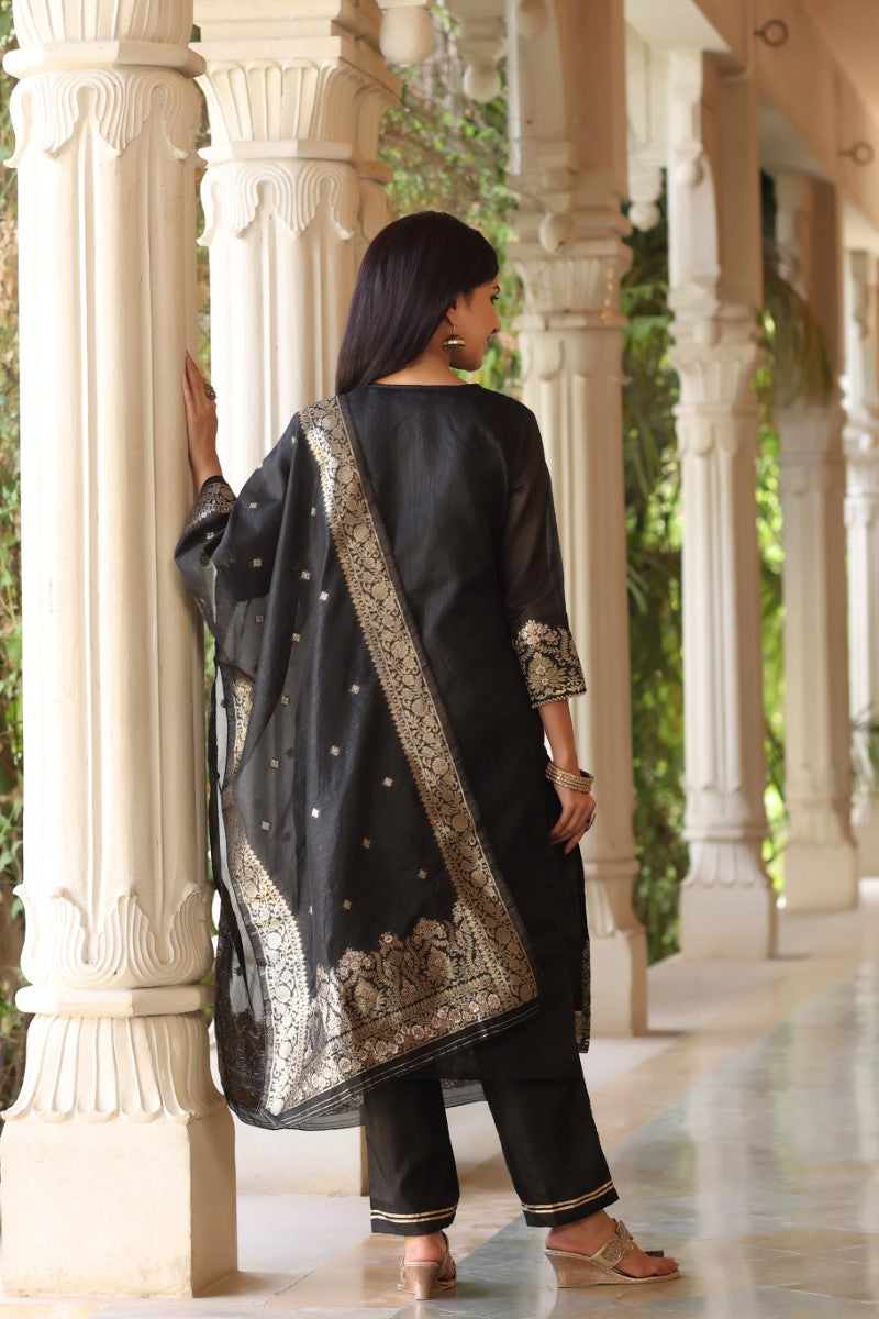 Black Poly Chanderi Ethnic Motifs Straight Suit Set PKSKD1224