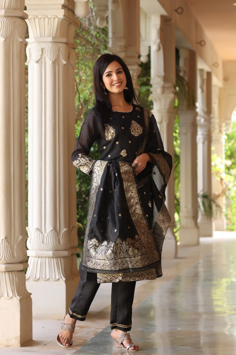 Black Poly Chanderi Ethnic Motifs Straight Suit Set PKSKD1224