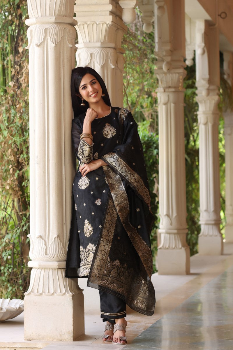 Black Poly Chanderi Ethnic Motifs Straight Suit Set PKSKD1224