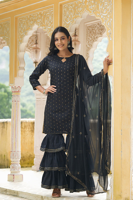 Black Poly Chanderi Straight Sharara Suit Set PKSKD1301