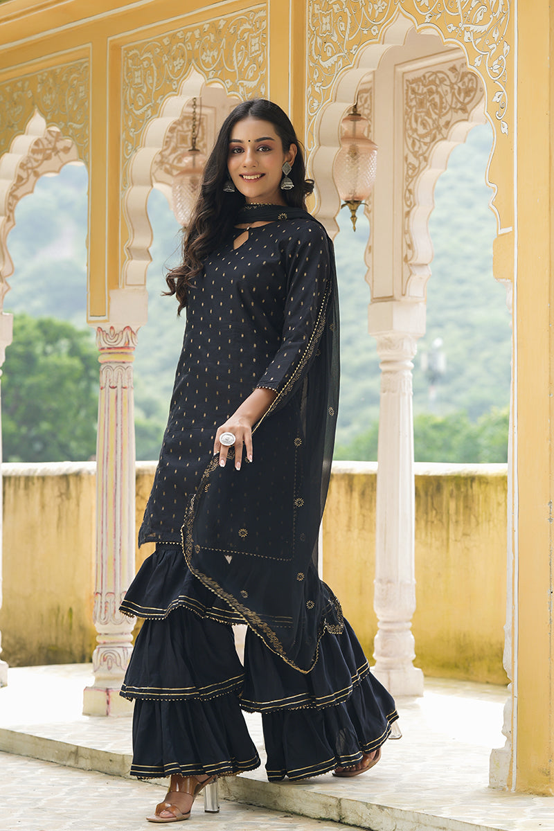 Black Poly Chanderi Straight Sharara Suit Set PKSKD1301