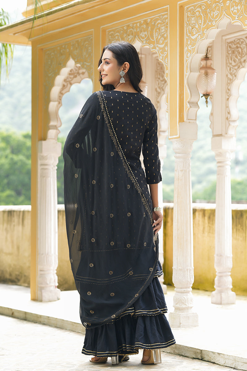 Black Poly Chanderi Straight Sharara Suit Set PKSKD1301