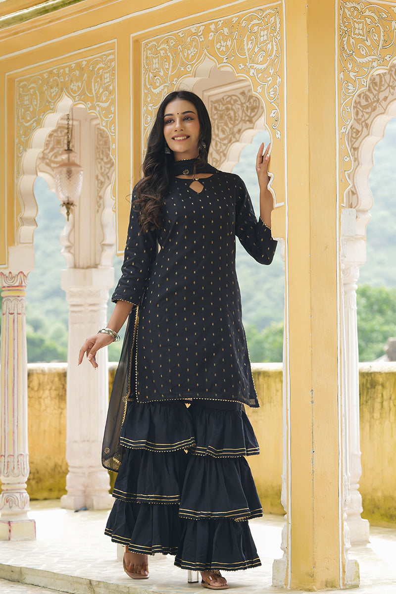 Black Poly Chanderi Straight Sharara Suit Set PKSKD1301