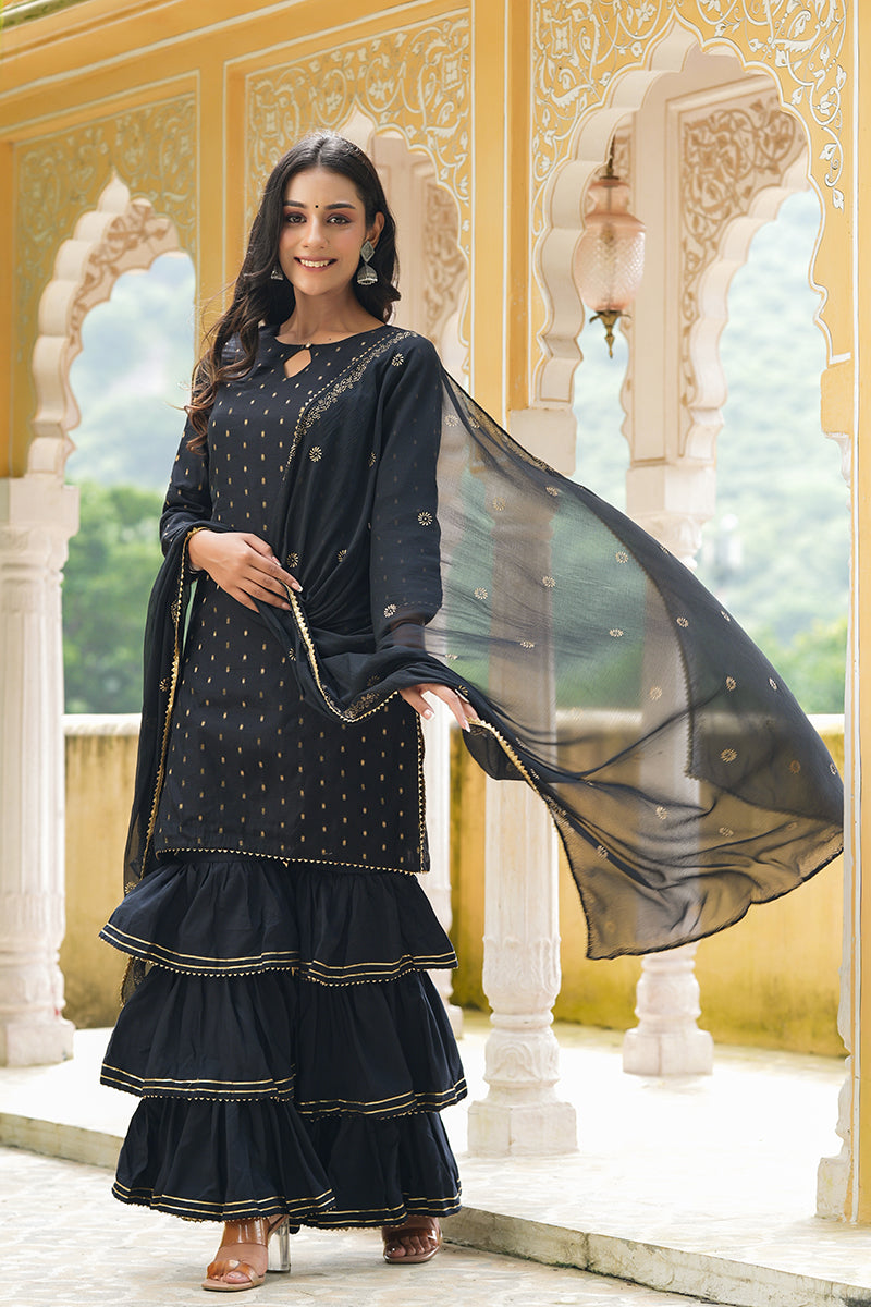 Black Poly Chanderi Straight Sharara Suit Set PKSKD1301