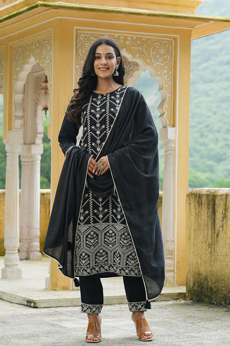 Black Poly Silk Thread Embroidered Suit Set PKSKD1342