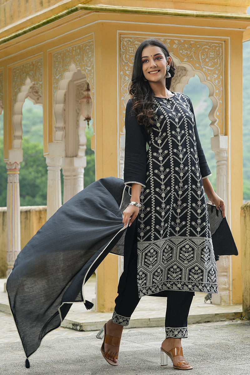 Black Poly Silk Thread Embroidered Suit Set PKSKD1342