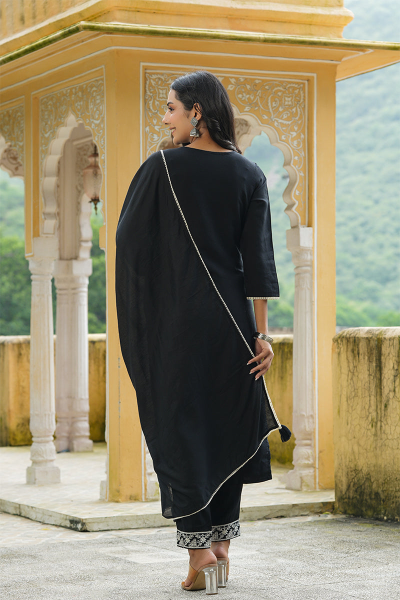 Black Poly Silk Thread Embroidered Suit Set PKSKD1342