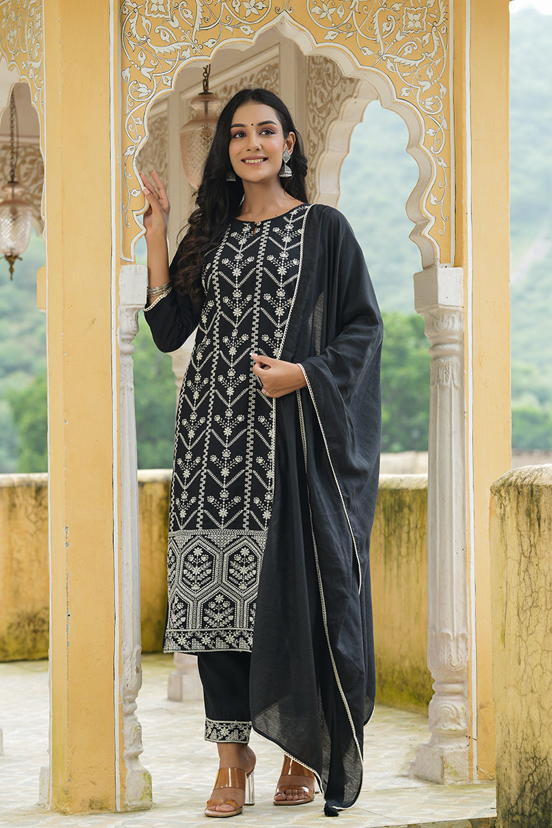 Black Poly Silk Thread Embroidered Suit Set PKSKD1342