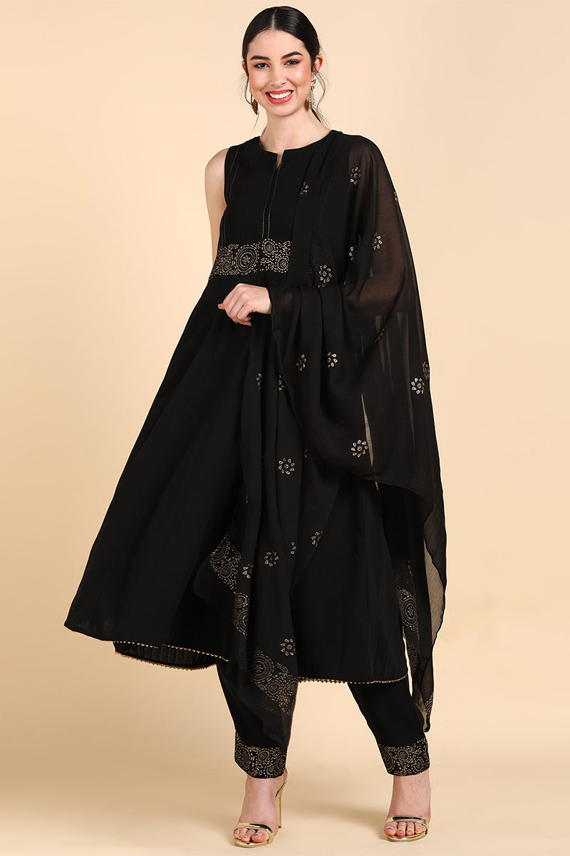 Black Poly Silk Anarkali Suit Set PKSKD1401