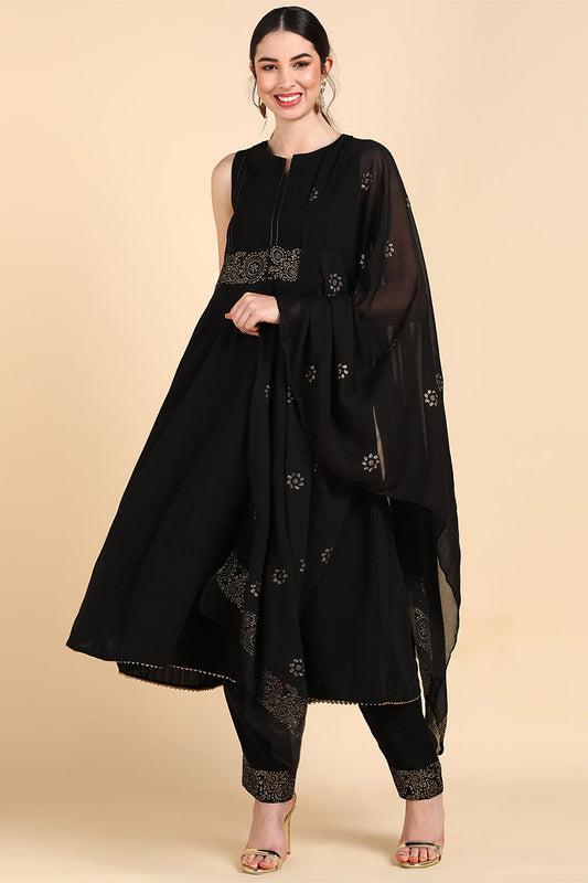 Black Poly Silk Anarkali Suit Set PKSKD1401