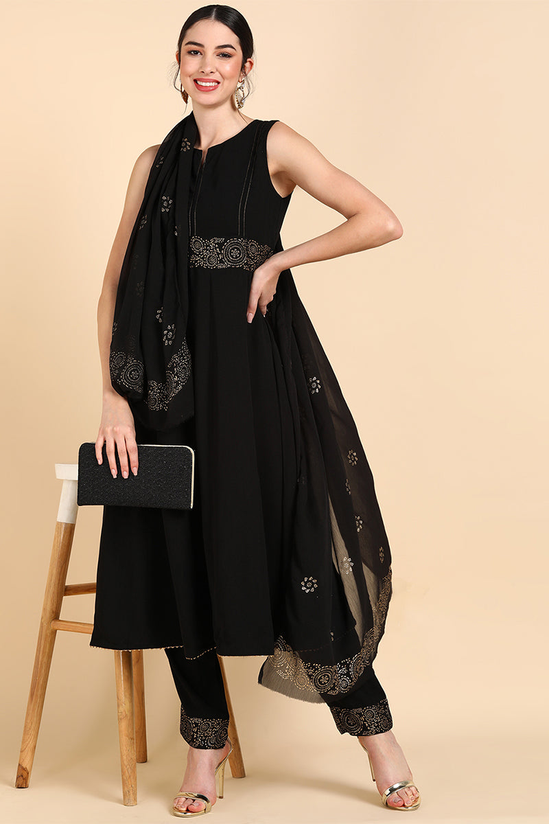 Black Poly Silk Anarkali Suit Set PKSKD1401