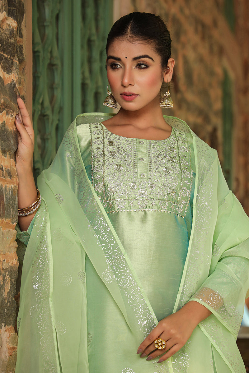 Green Floral Yoke Design Panelled Suit Set PKSKD1431