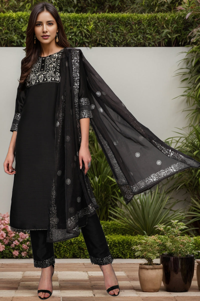 Black Floral Yoke Design Panelled Suit Set PKSKD1434