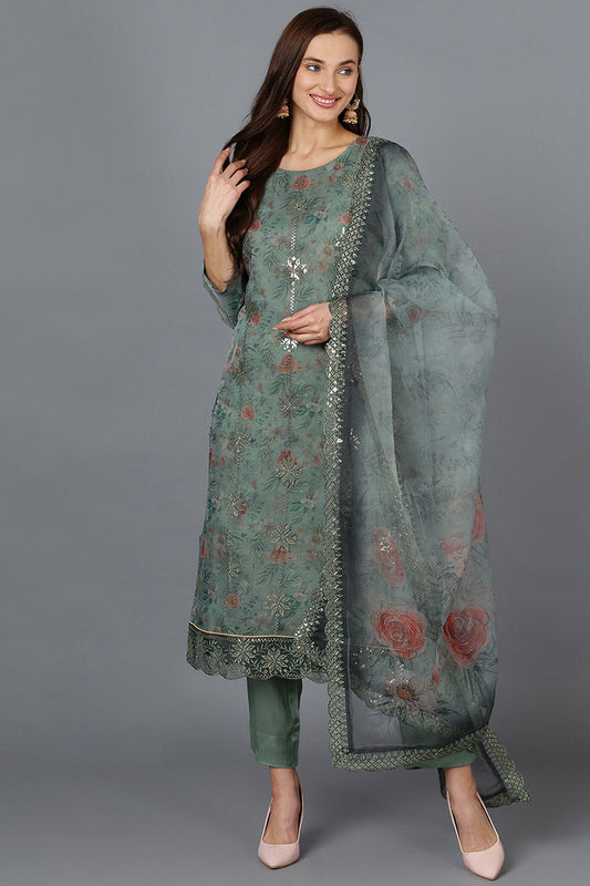 Green Organza Floral Straight Kurta Trousers With Dupatta PKSKD1742