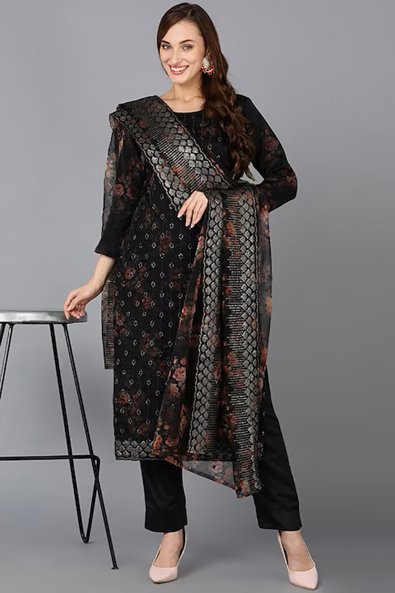 Black Organza Ethnic Motifs Straight Suit Set PKSKD1805