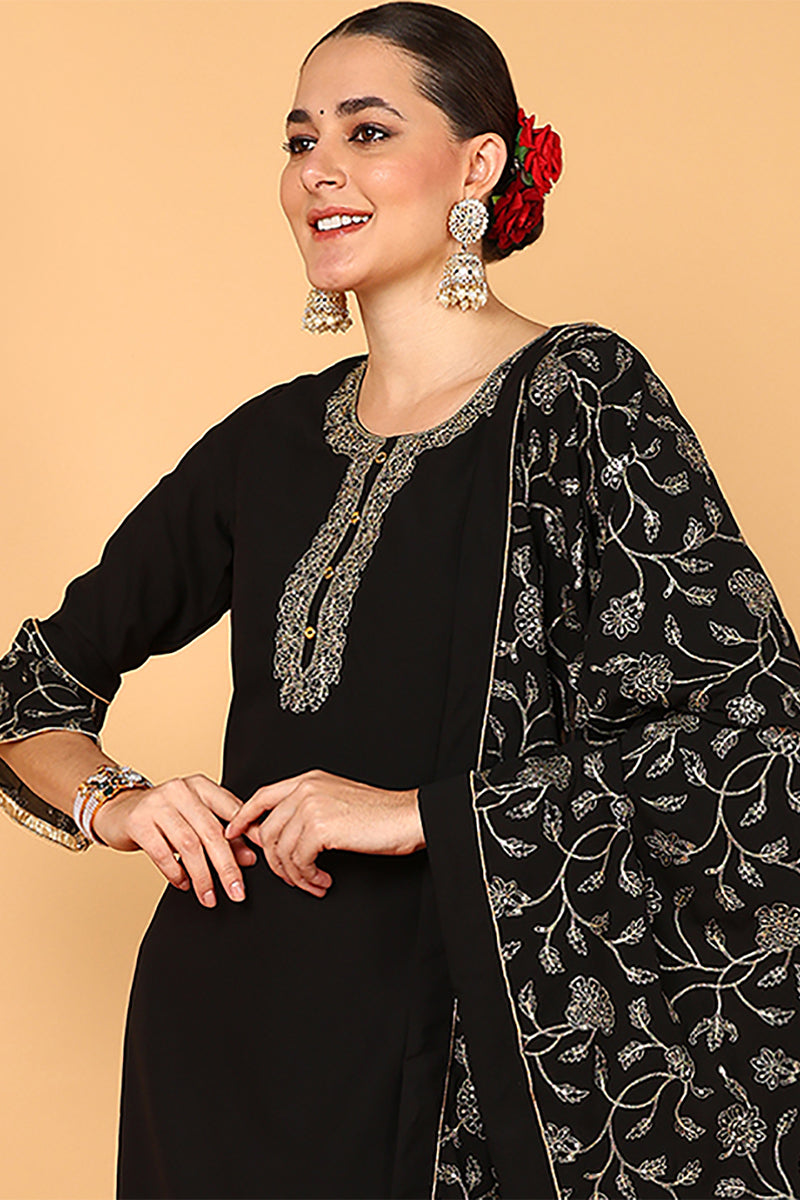 Black Poly Georgette Solid Embroidered Straight Suit Set PKSKD1875