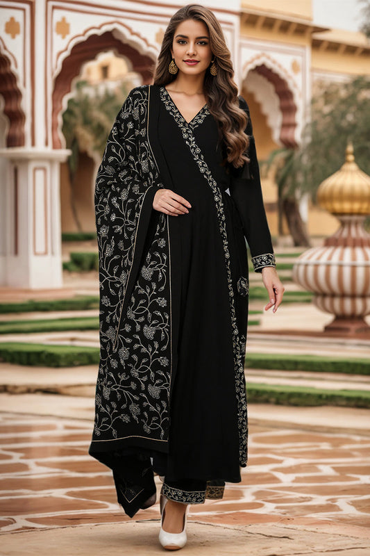 Black Poly Georgette Angrakha Pant With Dupatta PKSKD1913