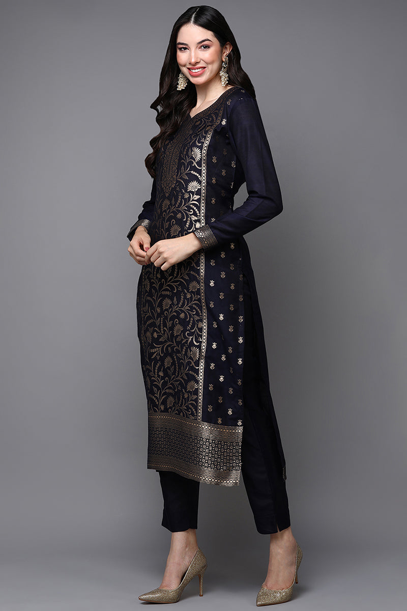 Black Poly Chanderi Floral Straight Suit Set PKSKD1975