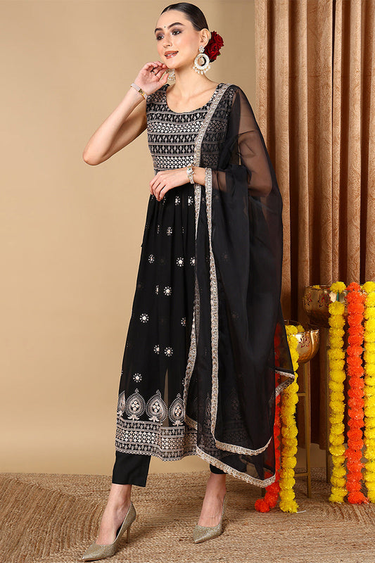 Black Poly Georgette Embroidered Straight Suit Set PKSKD2007