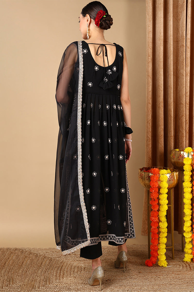 Black Poly Georgette Embroidered Straight Suit Set PKSKD2007