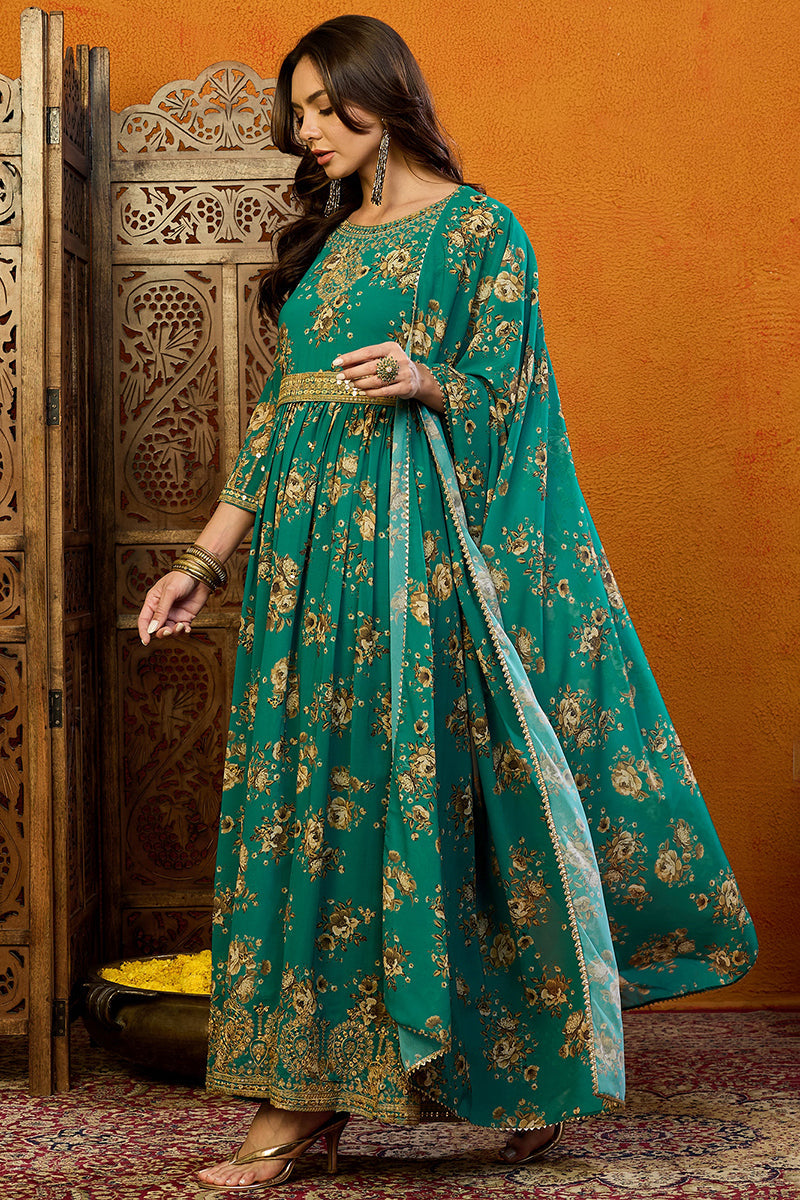 Green Georgette Floral Printed Flared Suit Set PKSKD2183