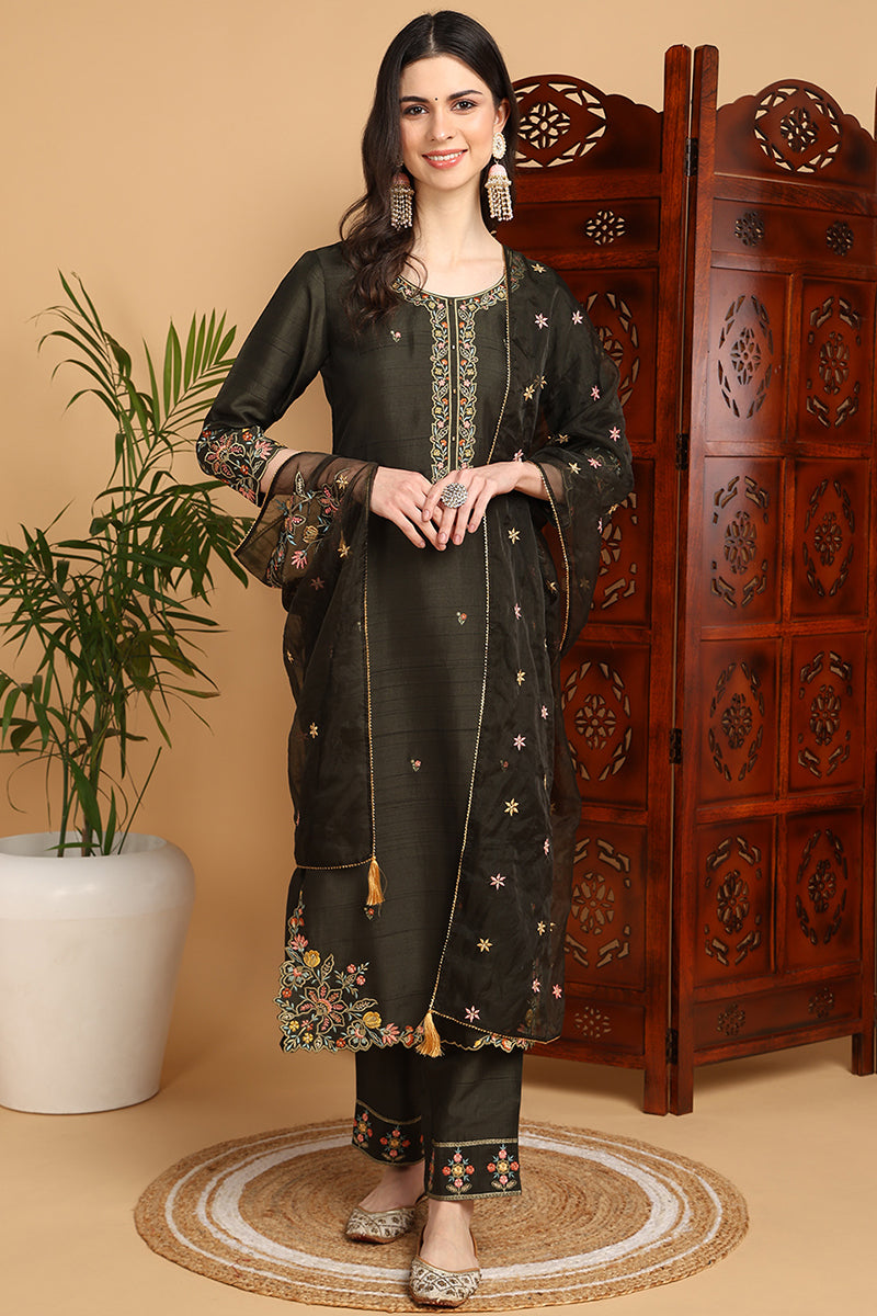 Olive Green Silk Blend Floral Embroidered Straight Suit Set PKSKD2239