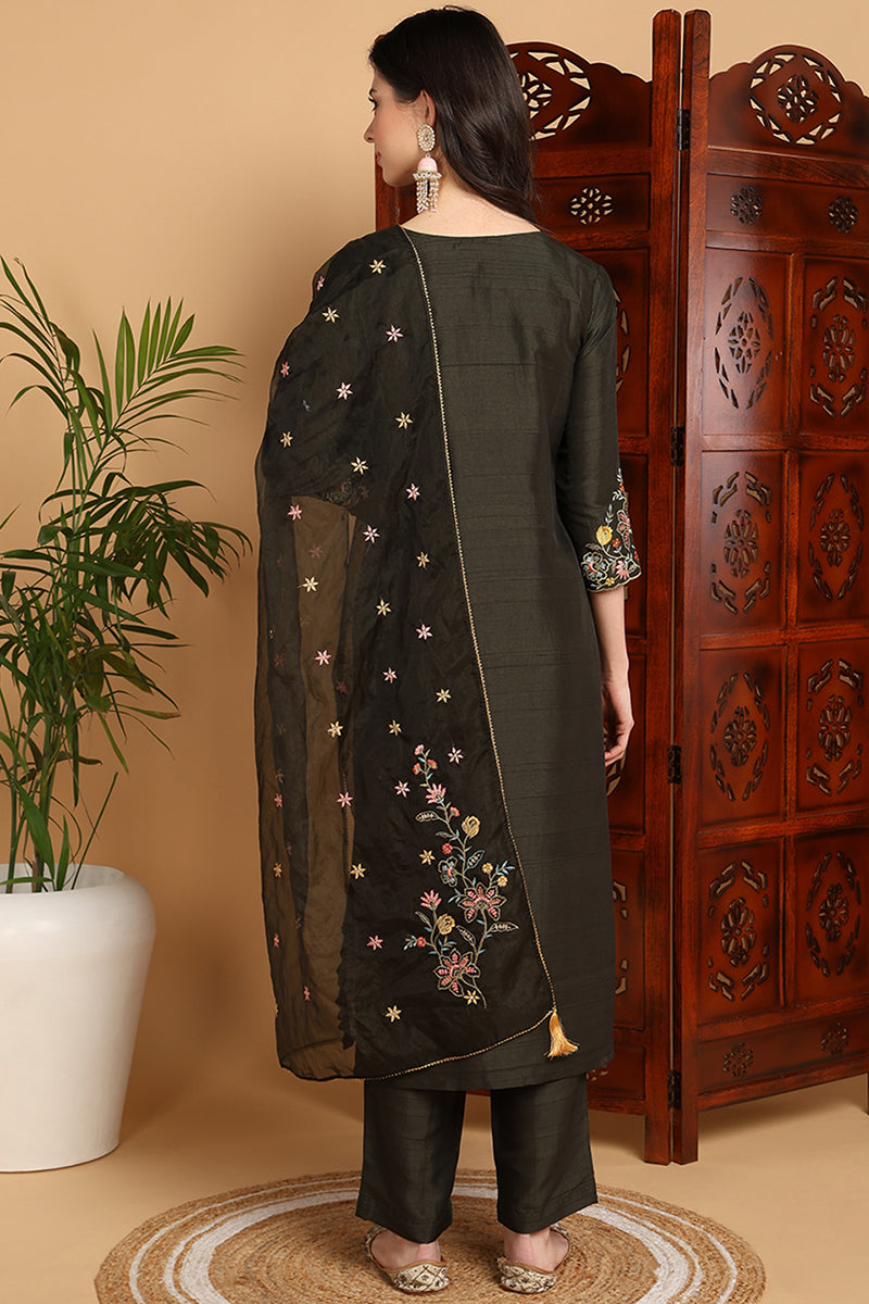 Olive Green Silk Blend Floral Embroidered Straight Suit Set PKSKD2239