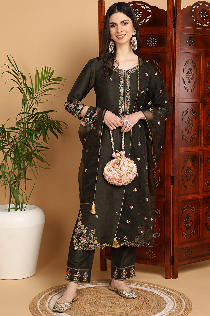 Olive Green Silk Blend Floral Embroidered Straight Suit Set PKSKD2239