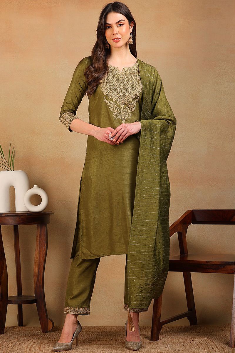 Olive Green Silk Blend Solid Embroidered Straight Suit Set PKSKD2316