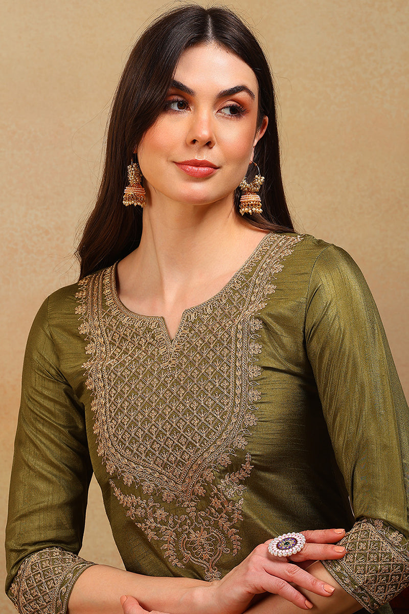 Olive Green Silk Blend Solid Embroidered Straight Suit Set PKSKD2316