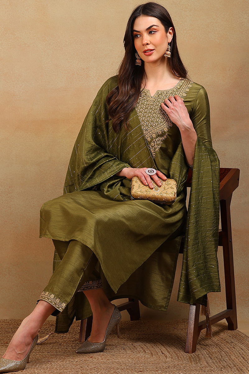 Olive Green Silk Blend Solid Embroidered Straight Suit Set PKSKD2316