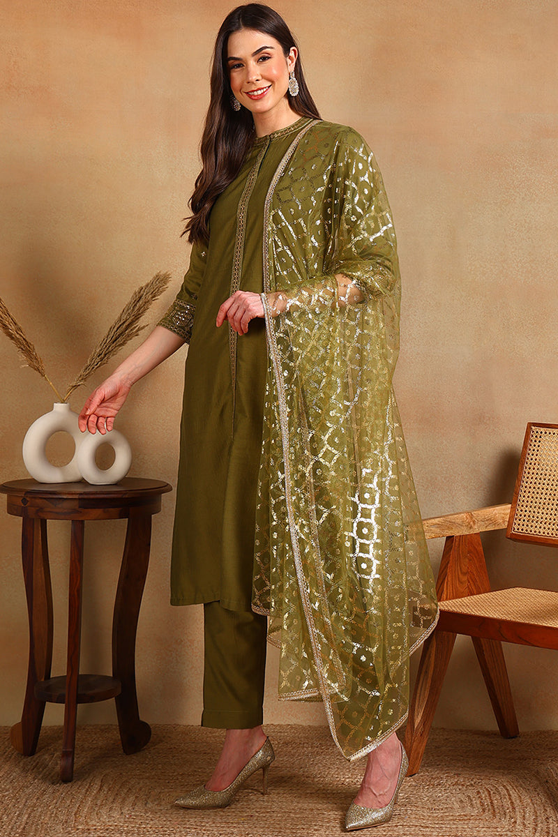 Olive Green Silk Blend Embroidered Straight Suit Set PKSKD2372