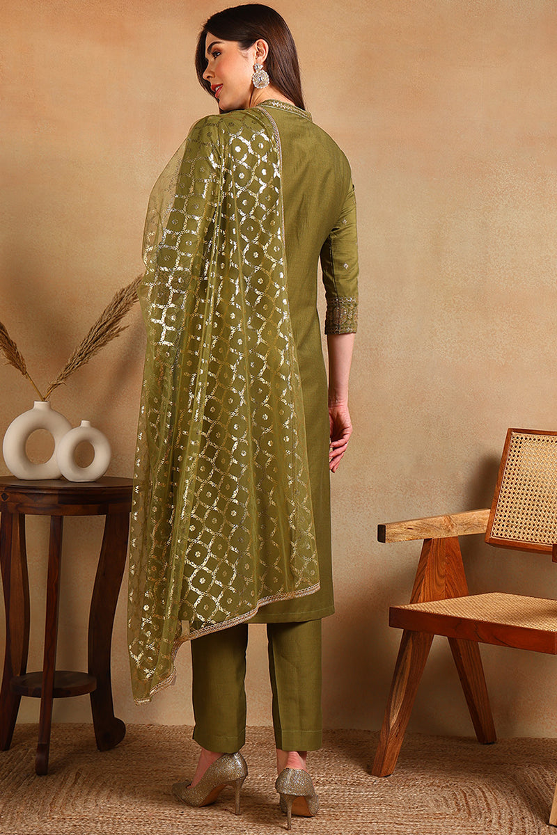 Olive Green Silk Blend Embroidered Straight Suit Set PKSKD2372