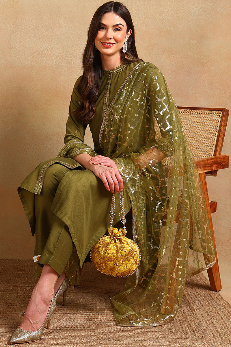 Olive Green Silk Blend Embroidered Straight Suit Set PKSKD2372