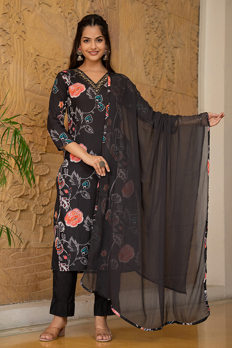 Black Cotton Blend Floral Printed Straight Suit Set PKSKD2466