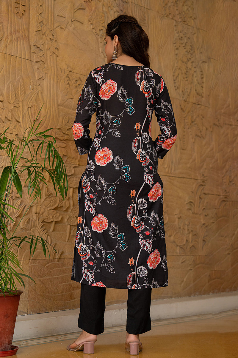 Black Cotton Blend Floral Printed Straight Suit Set PKSKD2466