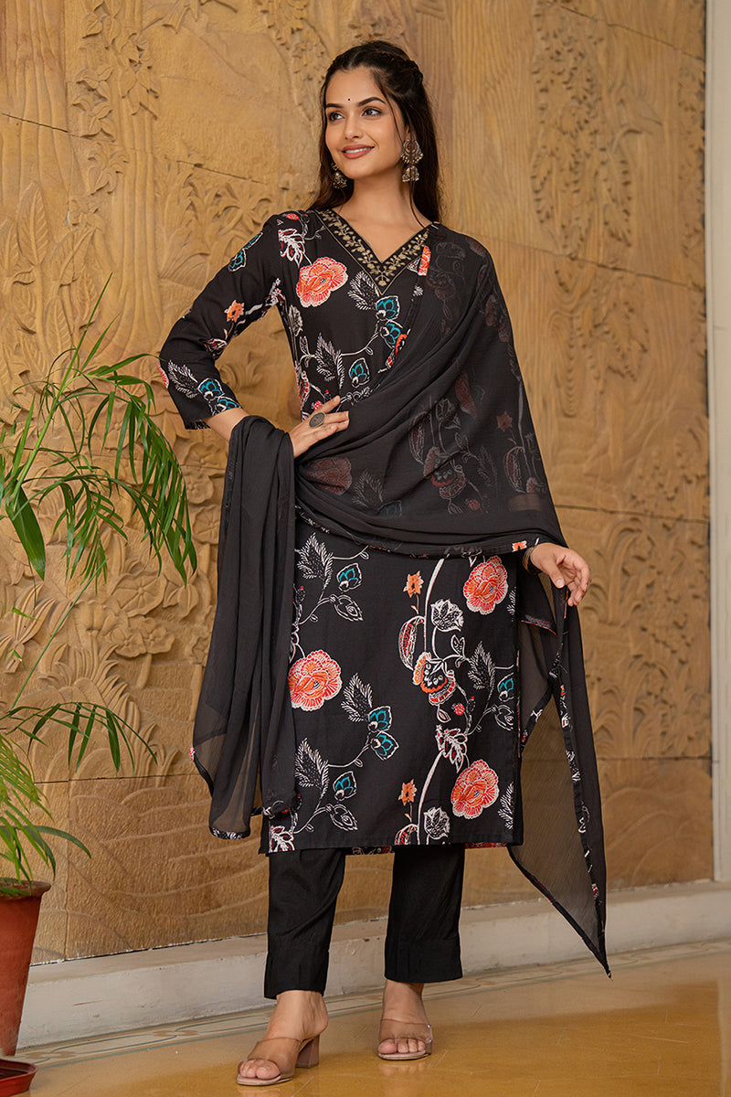 Black Cotton Blend Floral Printed Straight Suit Set PKSKD2466