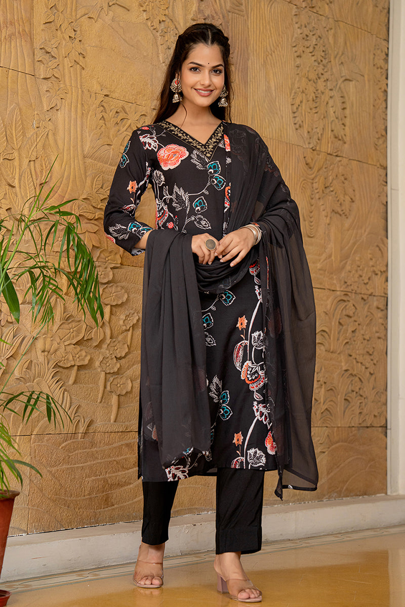 Black Cotton Blend Floral Printed Straight Suit Set PKSKD2466