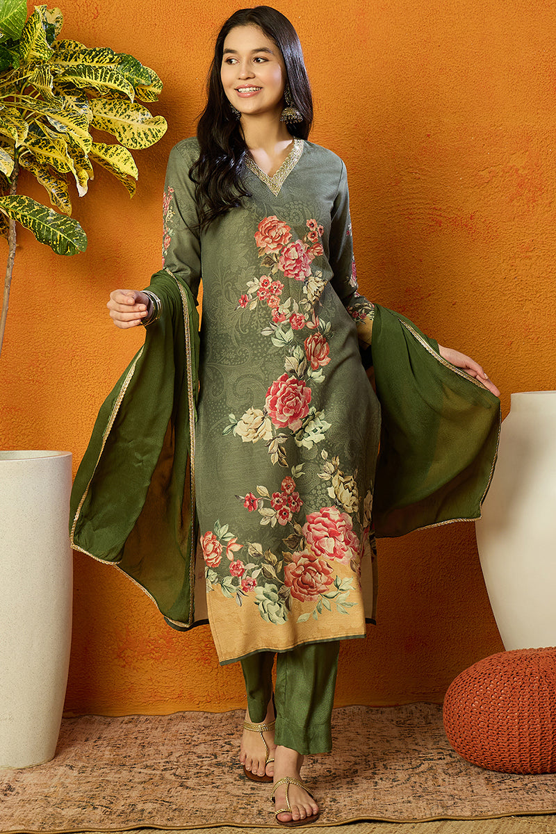 Olive Cotton Blend Floral Printed Straight Suit Set PKSKD2468