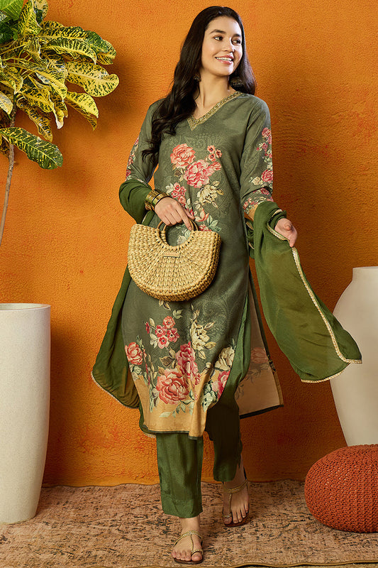 Olive Cotton Blend Floral Printed Straight Suit Set PKSKD2468