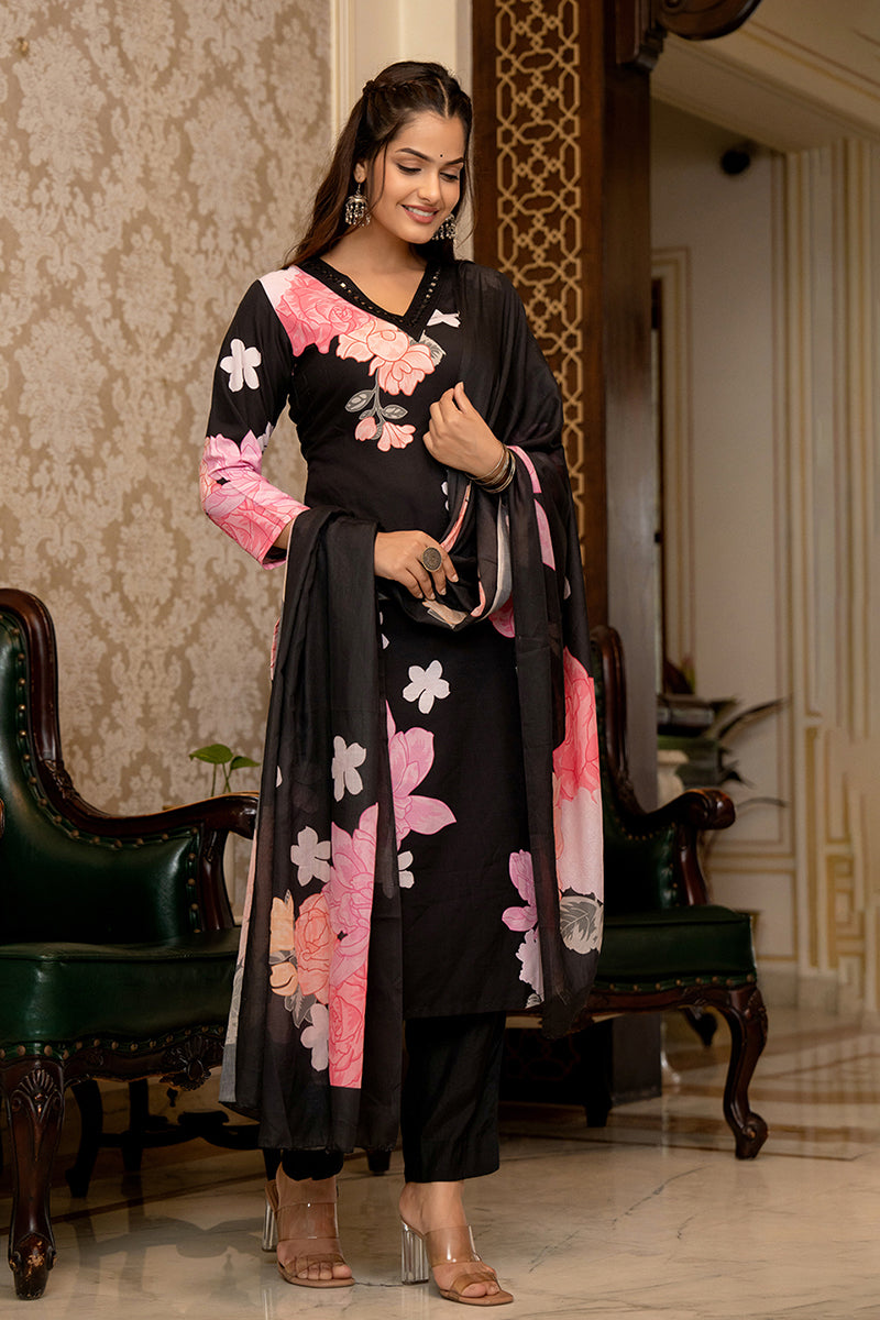 Black Cotton Blend Floral Printed Straight Trouser Suit Set PKSKD2514BLK