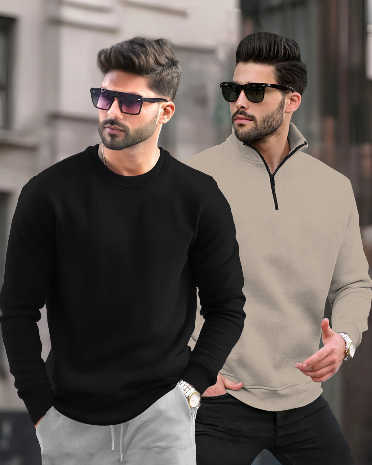 (Pack Of 2) Mens Plain Winter Sweatshirts / Black Round Neck & Beige High Neck